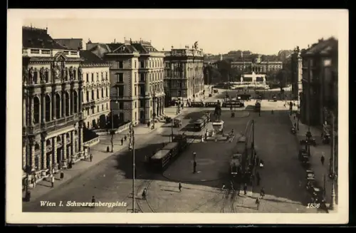 AK Wien, Schwarzenbergplatz, Platz mit Strassenbahn-Haltestelle und Statue
