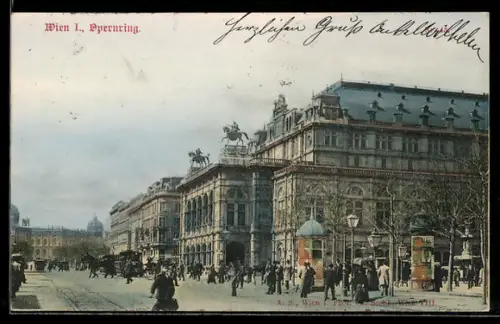 AK Wien, Opernring, Strassenansicht mit Passanten und Pferdekutschen