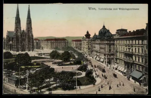 AK Wien, Votivkirche und Währingerstrasse aus der Vogelschau, Strassenbahn