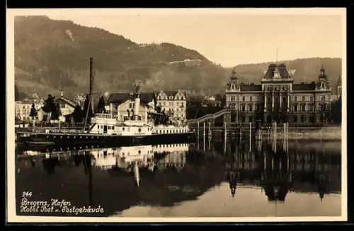 AK Bregenz, Hafen mit Hotel Post und Postgebäude