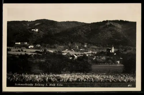AK Zelking b. Melk, Gesamtansicht mit Bergpanorama