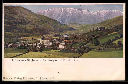 AK St. Johann im Pongau, Gesamtansicht mit Kirche und Berglandschaft