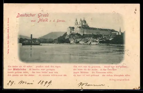 AK Melk a d. Donau, Stiftsanlage über der Donau, Dampfer, Verse aus dem Nibelungenlied