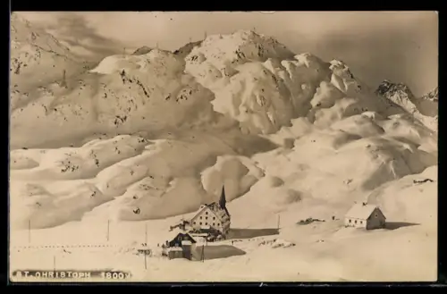 AK St. Christoph, Winterlandschaft mit Kirche und Bergpanorama