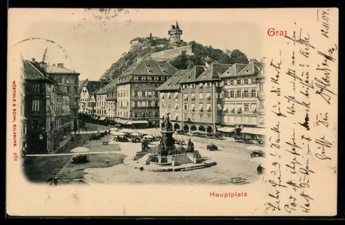 AK Graz, Hauptplatz mit Brunnen und Schlossberg