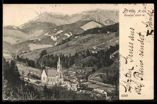 AK Prein /N.-Ö., Kirche und Dorf vor Raxalpe