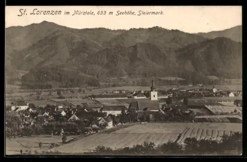 AK St. Lorenzen im Mürztale, Gesamtansicht mit Kirche und Umgebung