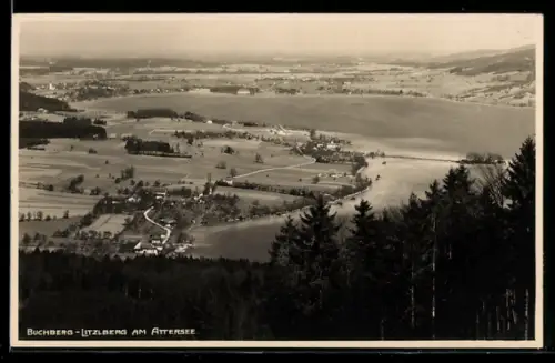 AK Seewalchen am Attersee, Buchberg-Litzlberg am Attersee, Panorama mit Seeufer und Ortschaft aus der Vogelschau