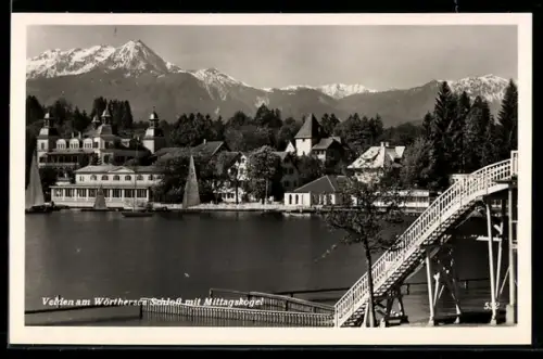 AK Velden am Wörthersee, Schloss mit Mittagskogel, Treppe zum Wasser