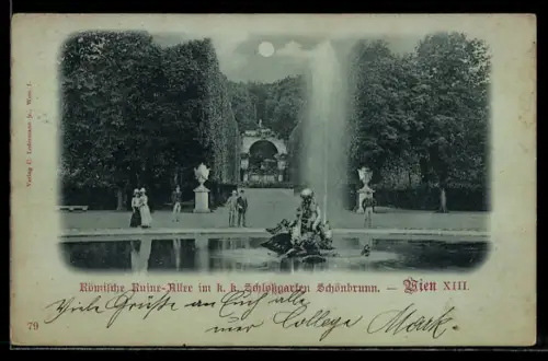 Mondschein-AK Wien, Römische Ruine-Allee im k. k. Schlossgarten Schönbrunn