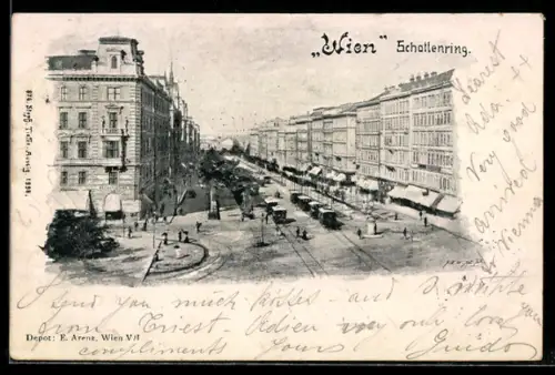 AK Wien, Schottenring, Strasse mit Strassenbahnen aus der Vogelschau