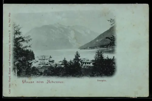 AK Achensee, Seespitz, Seeufer mit Gebäuden und Gebirgspanorama