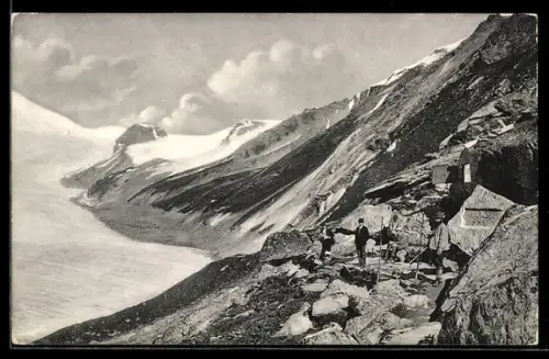 AK Kaiser-Franz-Josefs-Höhe /Grossglockner, Blick auf Gletscher und Felsweg mit Wanderern