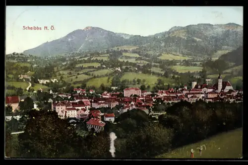AK Scheibbs /N. Ö., Panorama mit Ort und Bergen
