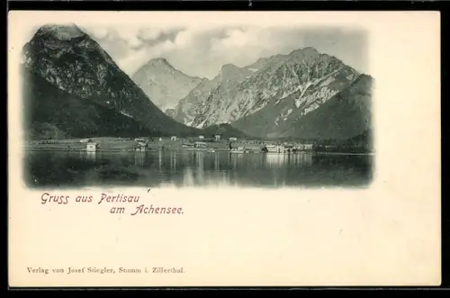 AK Pertisau am Achensee, Ortspanorama mit See und Bergen