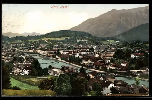 AK Bad Ischl, Ortsansicht mit Fluss, Brücken und Kirche