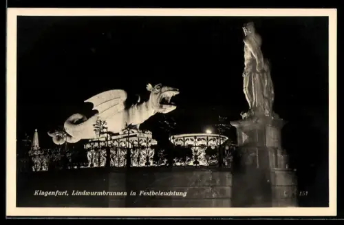 AK Klagenfurt, Lindwurmbrunnen in Festbeleuchtung