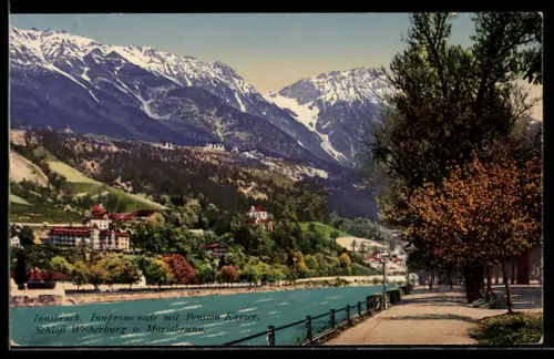 AK Innsbruck, Innpromenade mit Pension Kayser, Schloss Weiherburg und Mariabrunn