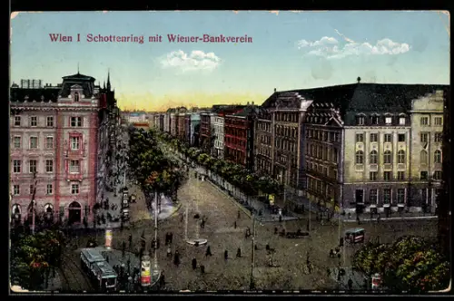 AK Wien, Schottenring mit Wiener-Bankverein aus der Vogelschau, Strassenbahn