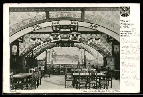 AK Wien, Rathaus-Keller, Blick in den Rathauskeller, Ansicht von Alt-Wien, Wappen