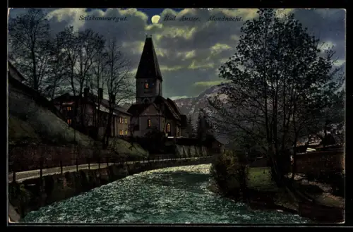 AK Bad Aussee, Mondnacht am Fluss, Blick zur Kirche