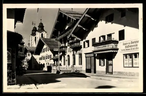 AK St. Johann i. Tirol, Speckbachereistrasse mit Spar- und Darlehenskassenverein