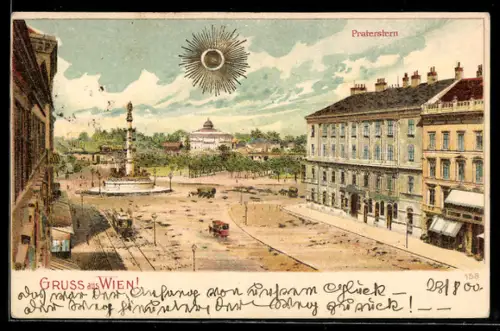 Lithographie Wien, Strassenbahn am Praterstern