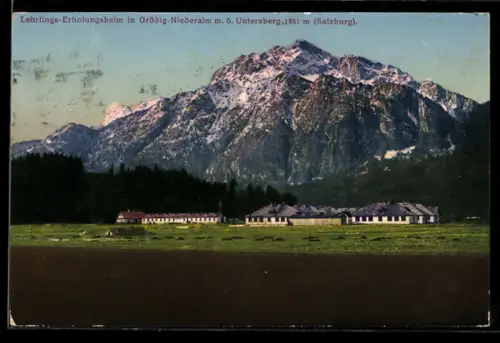AK Grödig, Grödig-Niederalm, Lehrlings-Erholungsheim mit dem Untersberg