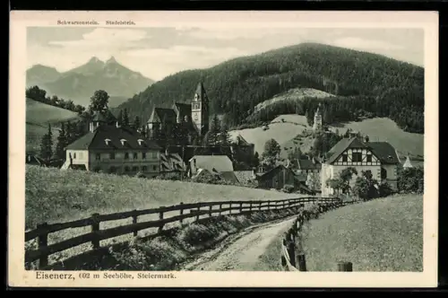 AK Eisenerz /Steiermarkt, Ortspartie mit Kirche, Schwarzenstein und Stadelstein