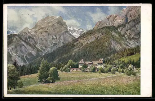 Künstler-AK Blühnbach /Salzburg, Ortspartie