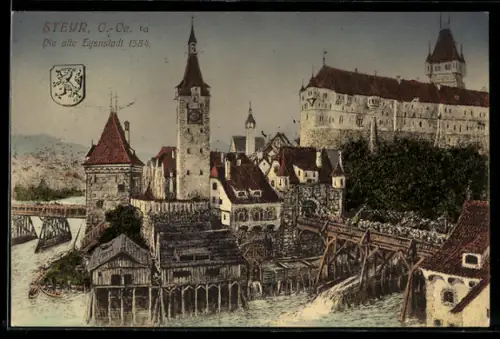 Künstler-AK Steyr, Partie am Wasser, Wappen