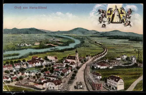 Künstler-AK Maria-Ellend, Strassenpartie mit Kirche, Gnadenbild