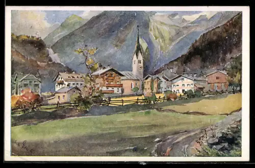 Künstler-AK Krimml /Salzburg, Teilansicht mit Kirche
