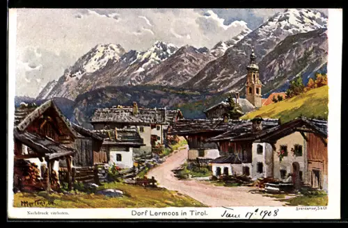 Künstler-AK Lermoos in Tirol, Dorfstrasse mit Kirche