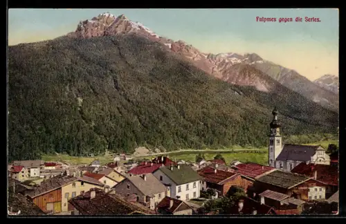 AK Fulpmes, Teilansicht mit Kirche gegen die Serles