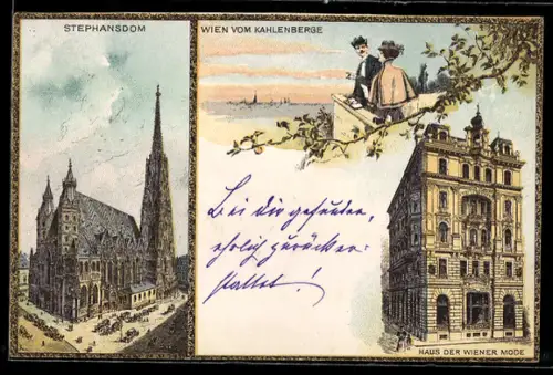 Lithographie Wien, Haus der Wiener Mode, Stephansdom, Teilansicht vom Kahlenberge