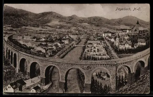 Künstler-AK Payerbach /N.-Ö., Teilansicht mit Eisenbahnviadukt