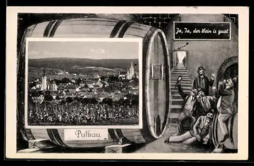 AK Pulkau, Teilansicht mit Kirche, Betrunkene am Weinfass, Passepartout
