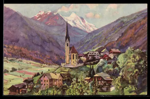 Künstler-AK Heiligenblut, Kirche mit Grossglockner