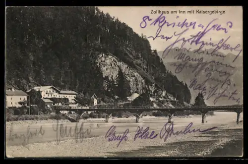 AK Erl in Tirol, Zollhaus am Inn, Teilansicht mit Kaisergebirge