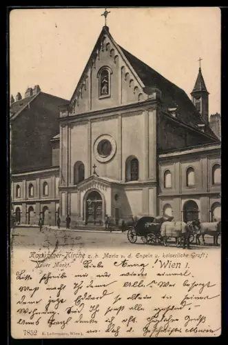 AK Wien, Kapuziner-Kirche z. h. Maria v. d. Engeln u. kaiserl. Gruft am Neuen Markt, Pferdekutsche