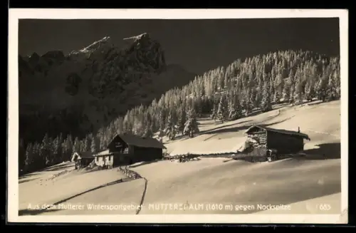 AK Mutters, Mutterer Alm, Ortspartie gegen Nockspitze im Schnee
