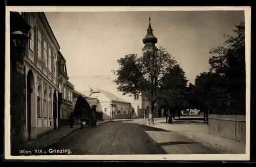AK Wien, Grinzing, Strassenpartie mit Kirche