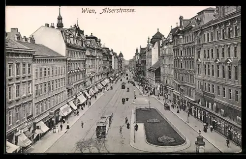 AK Wien, Alserstrasse mit Geschäften und Strassenbahn