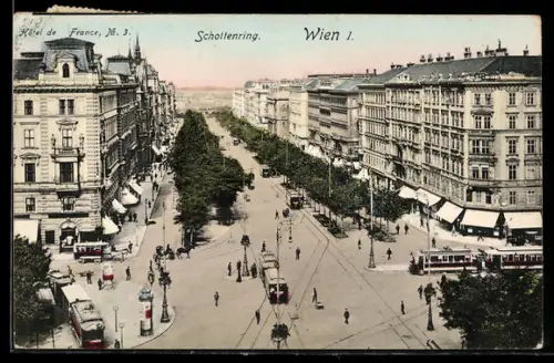 AK Wien, Schottenring mit Hotel de France und Strassenbahn