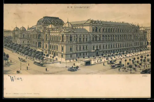 Lithographie Wien, K. k. Universität mit Pferdebahn