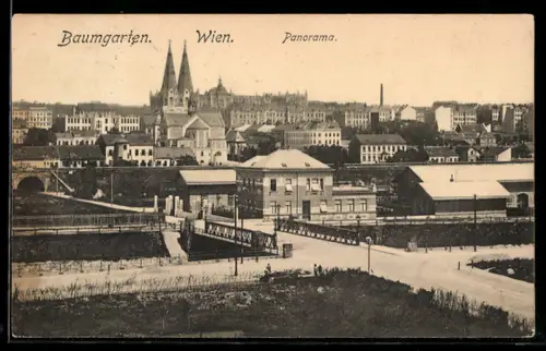 AK Wien, Baumgarten, Panorama mit Kirche
