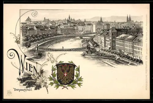 Lithographie Wien, Donaukanal mit Wappen