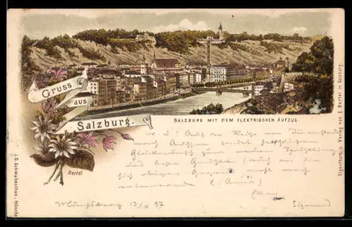 Lithographie Salzburg, Ortsansicht mit elektischen Aufzug