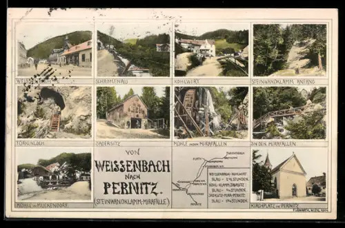 AK Weissenbach-Pernitz, Gasthaus Kohlwirt, Mühle in den Mirafällen, Mühle in Muckendorf